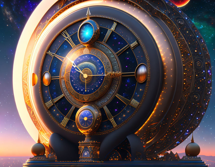 Intricate Celestial Clock with Planets on Cosmic Background
