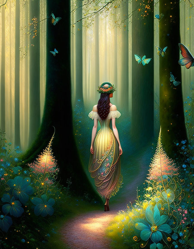 Woman in vintage dress walks forest path with glowing flowers & butterflies