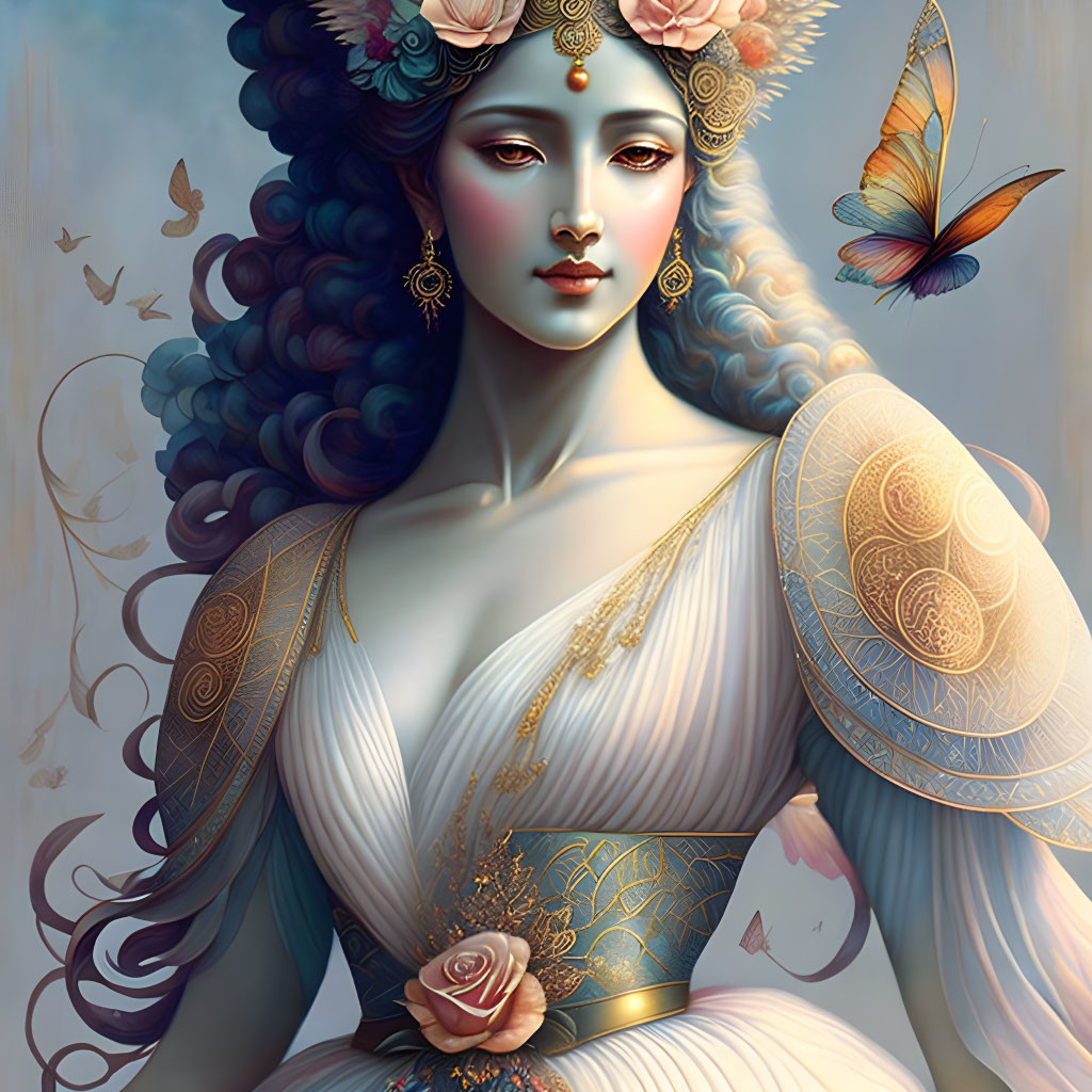 Ethereal woman with gold jewelry, ornate dress, and butterflies.