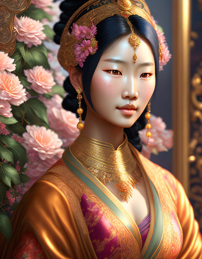 Digital art portrait of woman in traditional Asian attire with gold jewelry on pink floral backdrop