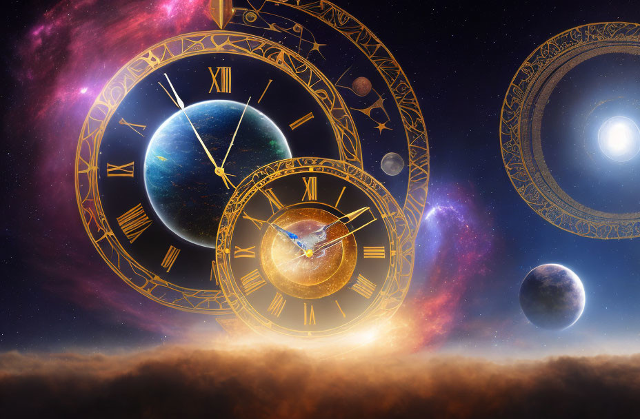 Golden floating clocks in cosmic space with planets, stars, and nebulae