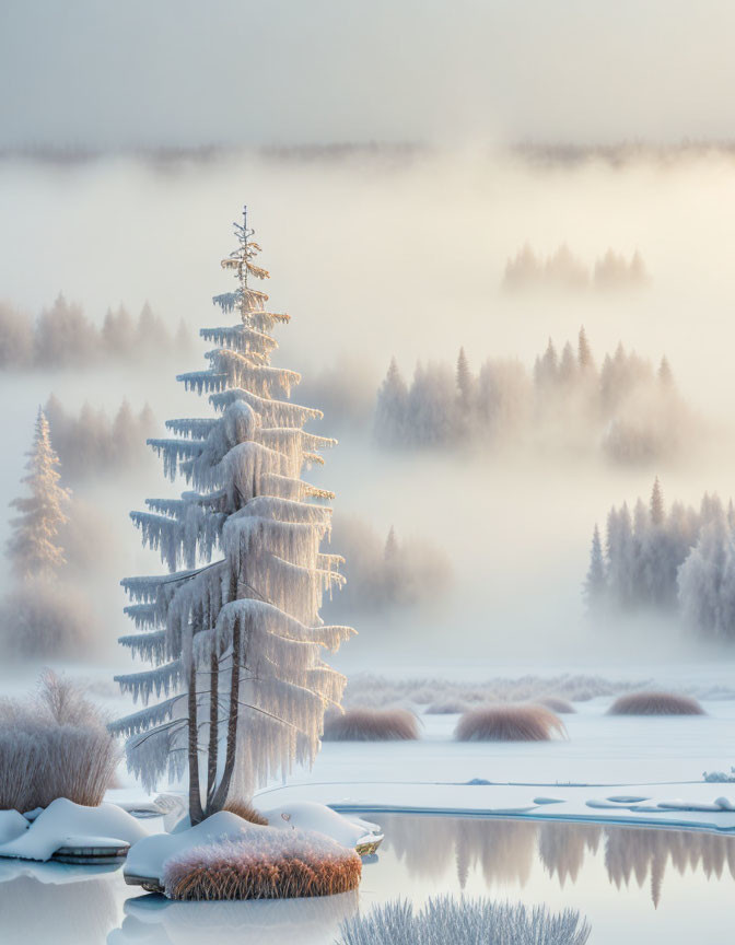 Frost-covered trees in serene winter landscape