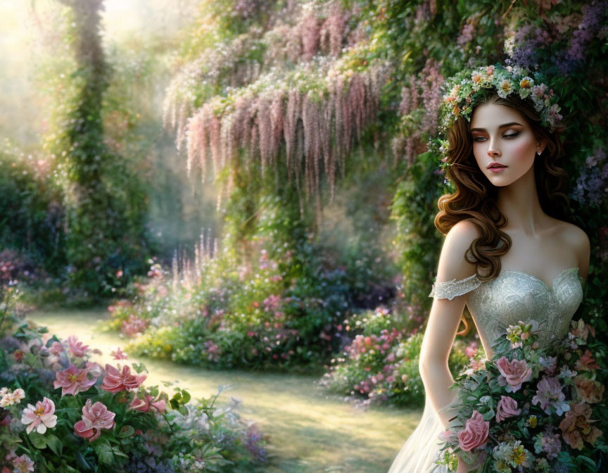 Woman with flower crown in lush garden with hanging blossoms
