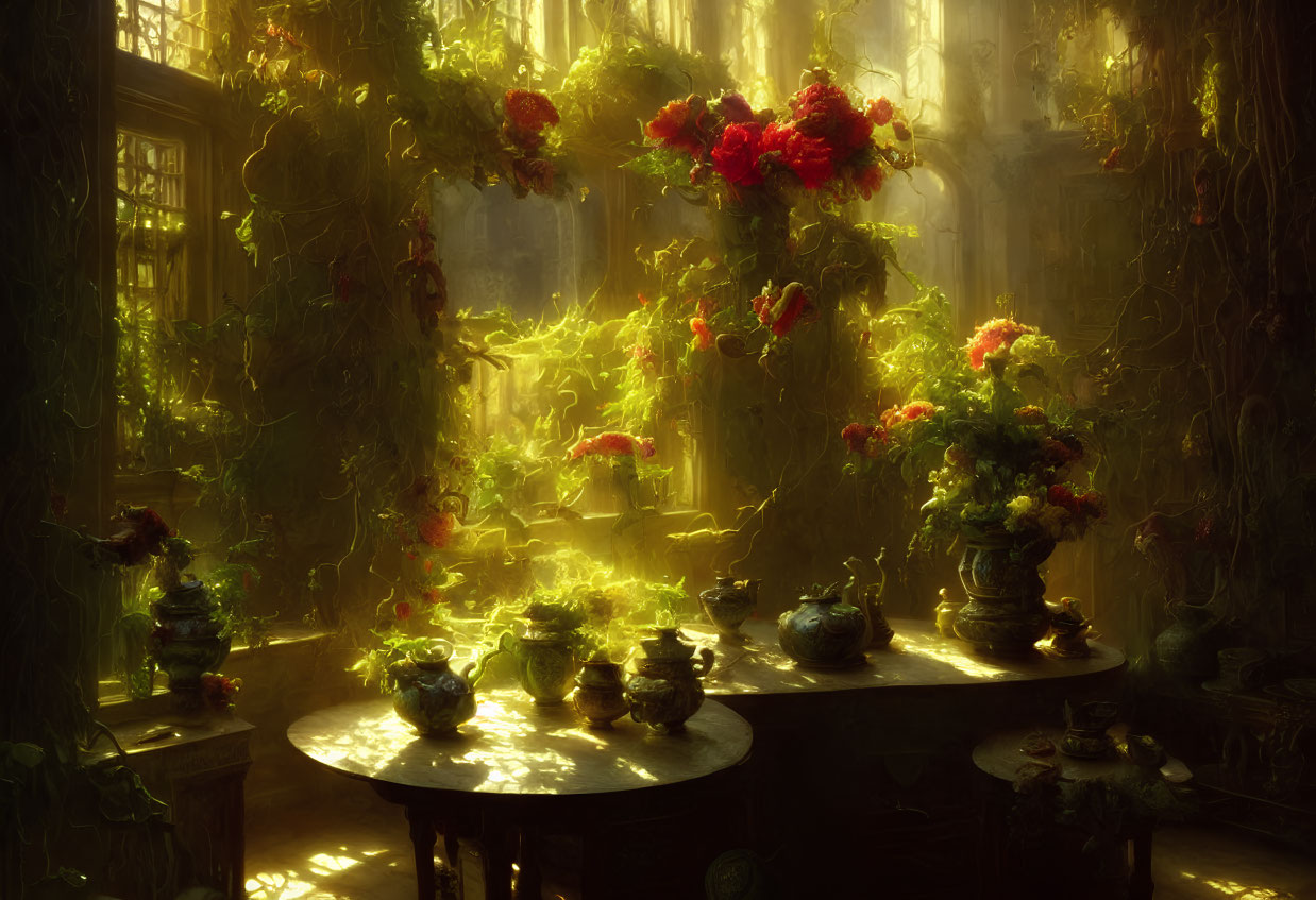 Sunlit room with greenery, red flowers, ornate windows, vases, and foliage
