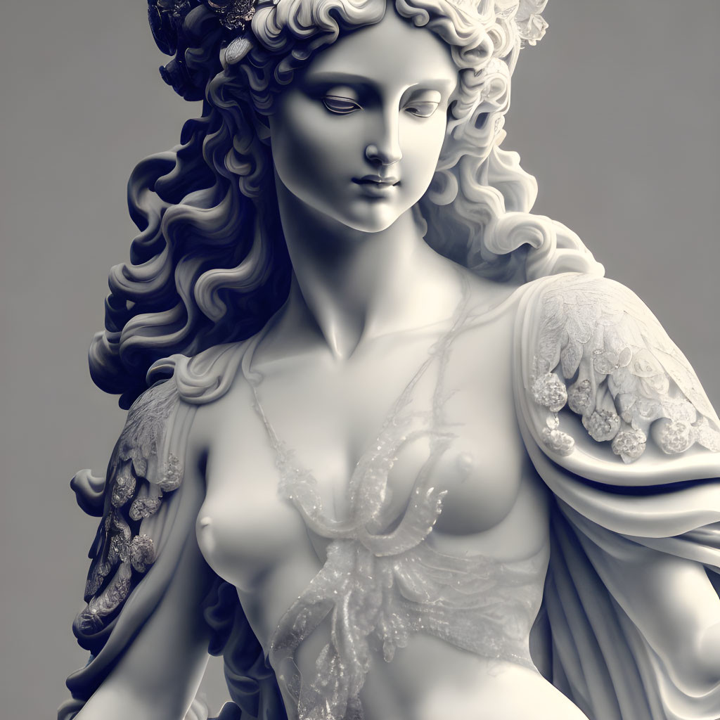 Classical statue of female figure with elegant drapery and serene expression