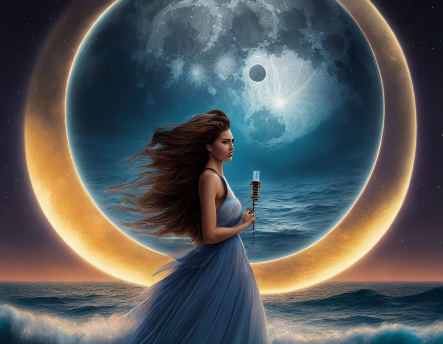 Woman in Blue Dress Holding Torch Against Moonlit Ocean Sky