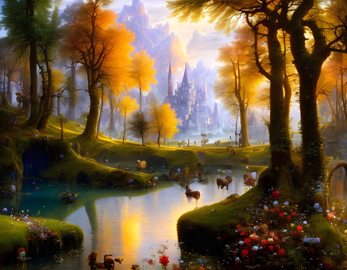 Fantasy landscape with river, wildlife, castle, and golden glow