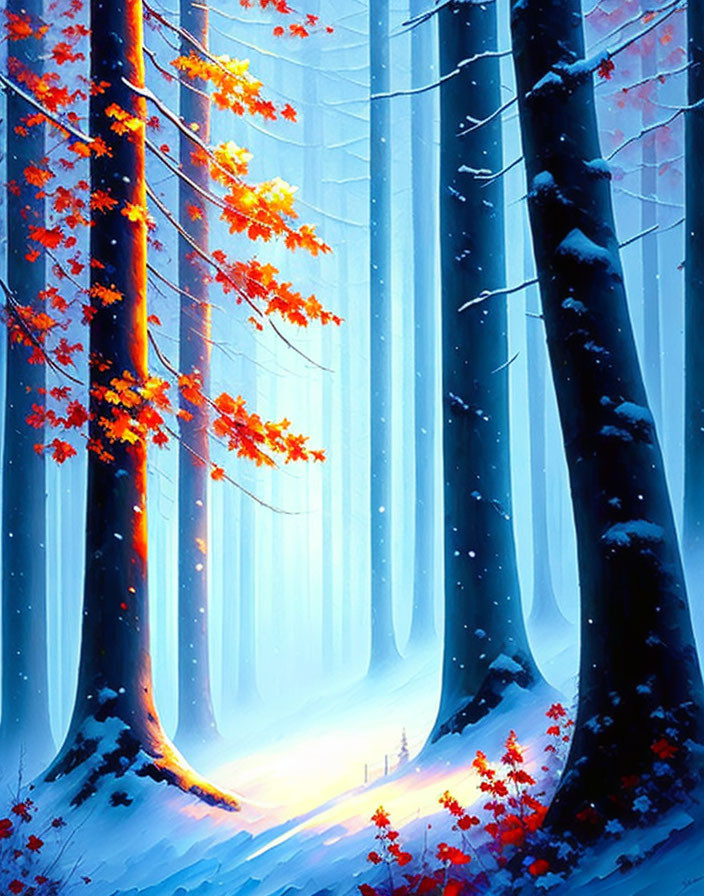 Digital art of snowy forest with blue tones & red autumn leaves, depicting fall-winter transition.
