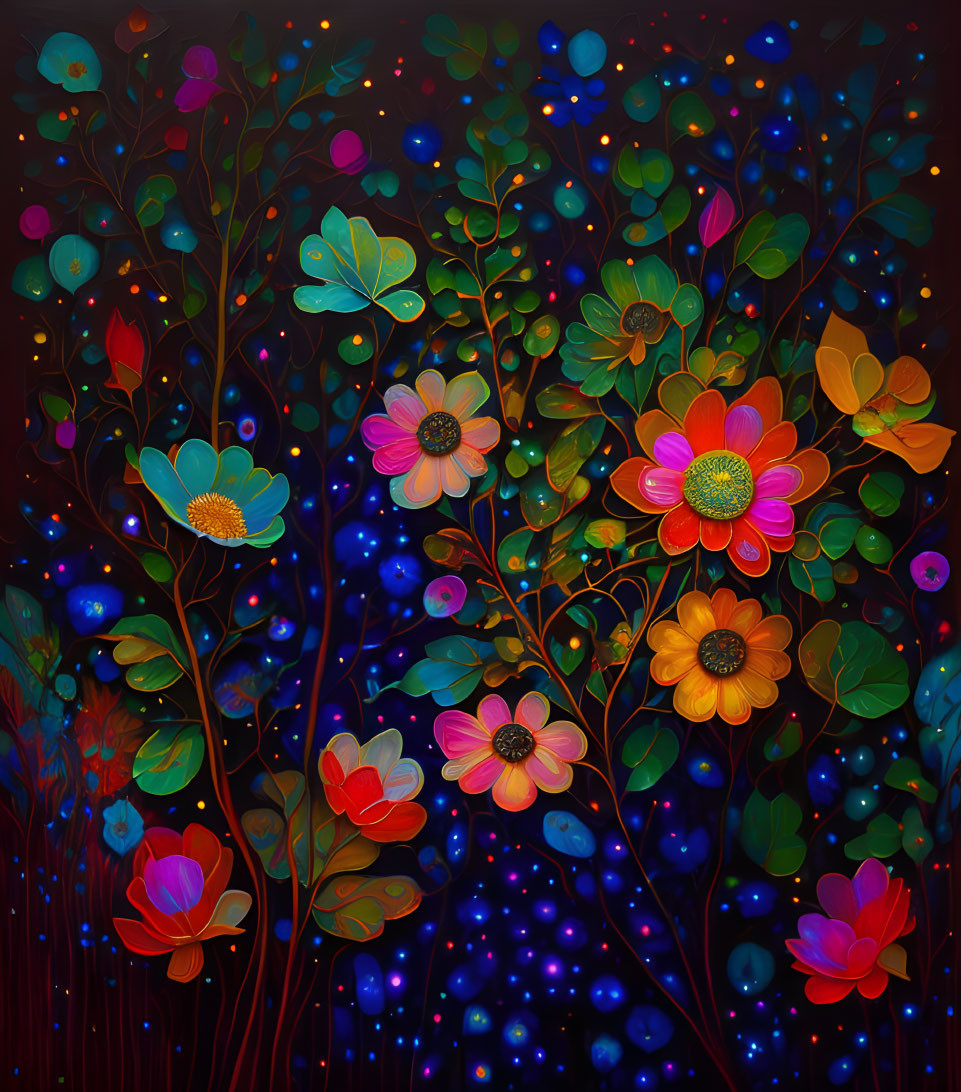 Vibrant flower and foliage illustration on dark, starry backdrop