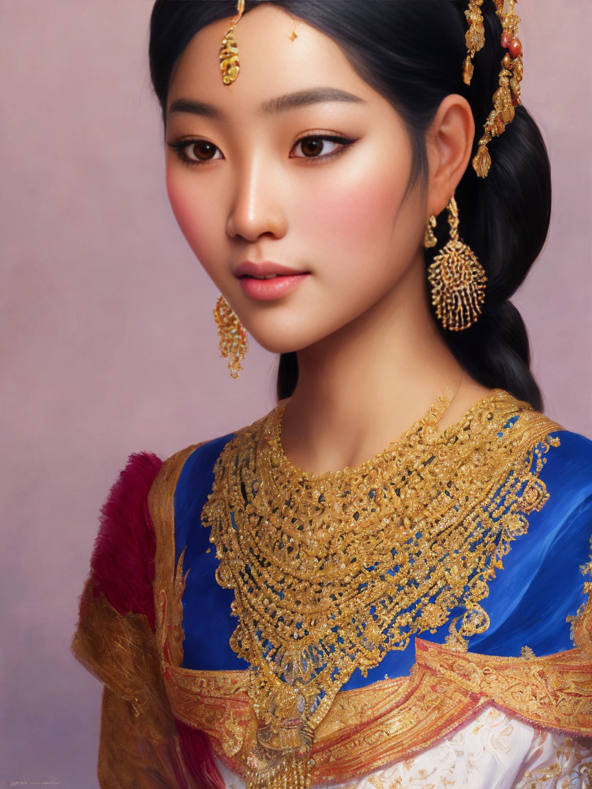 Traditional Indian Attire Portrait with Gold Jewelry and Vibrant Colors