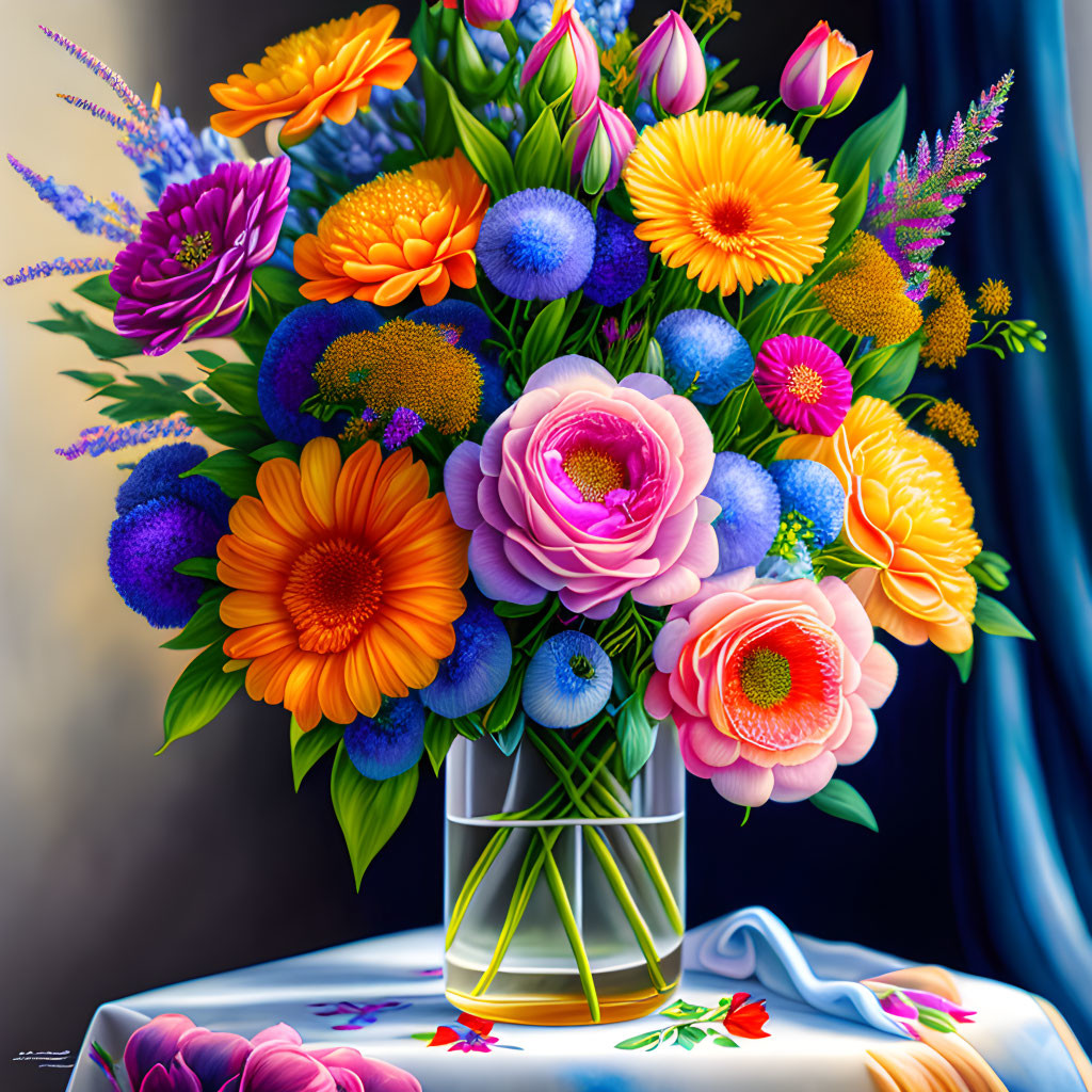 Colorful Flower Bouquet in Glass Vase on Table with Blue Drape