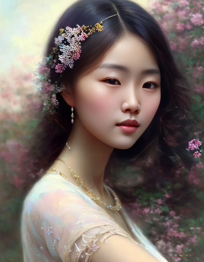 Woman portrait with floral hair accessories and delicate earrings in front of soft pink blossoms
