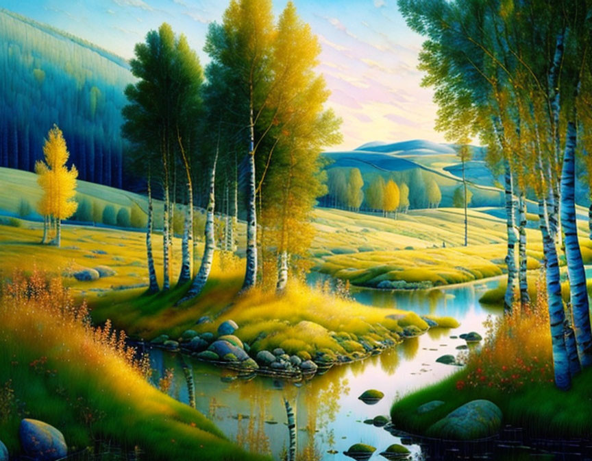Colorful Forest Landscape with River and Birch Trees