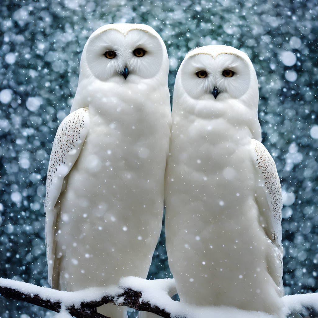 Snowy owls perched on branch in falling snowflakes