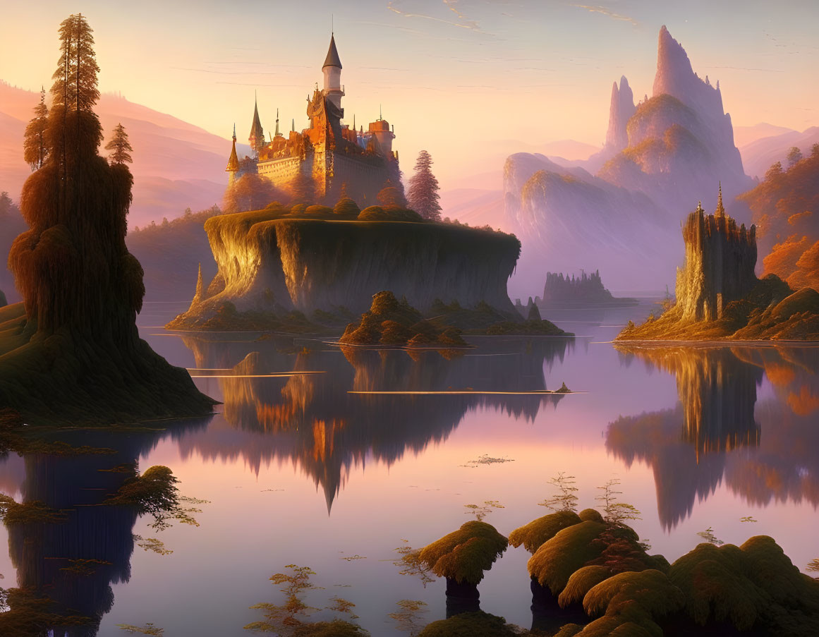 Majestic fairytale castle on high cliff by serene lake at sunset
