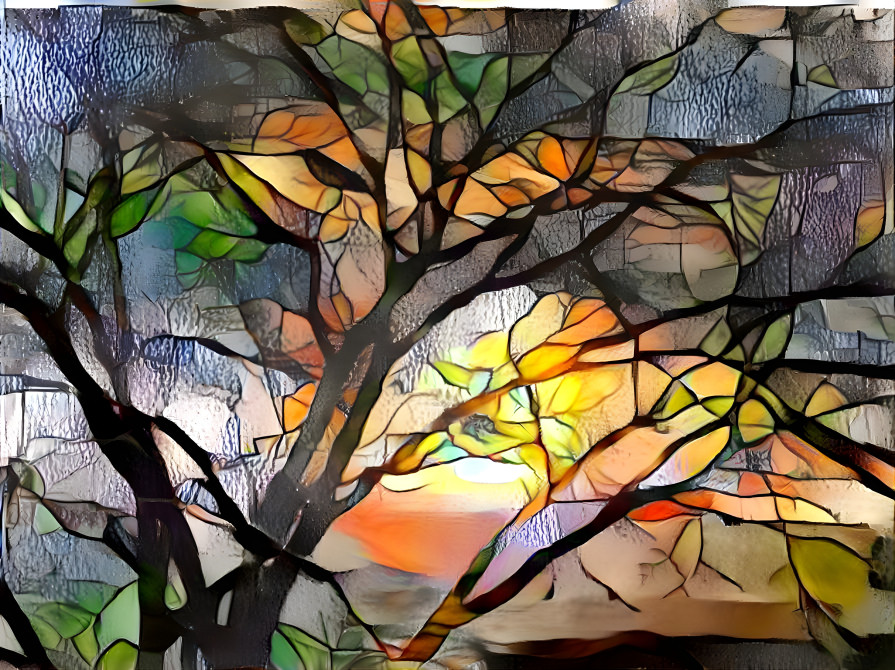 Tree and Sunset - stained glass style