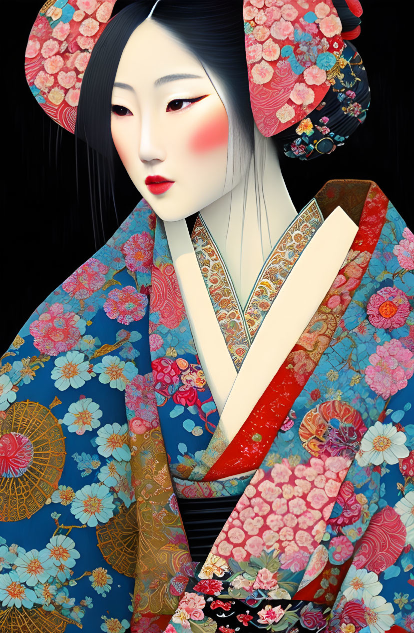 Illustration of woman in floral kimono with traditional Japanese hairstyle.