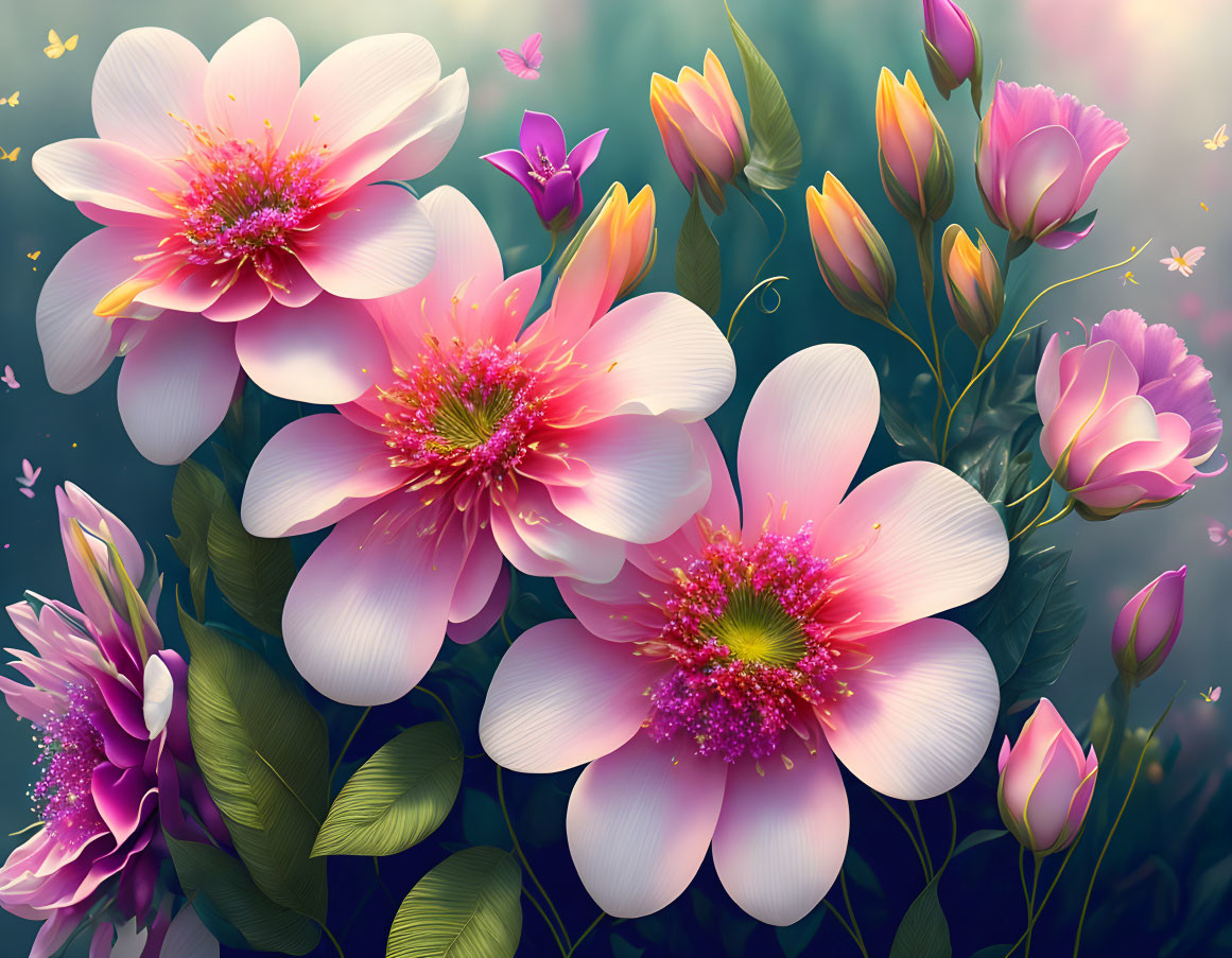 Detailed digital artwork of pink flowers, stamens, foliage, butterflies on soft background