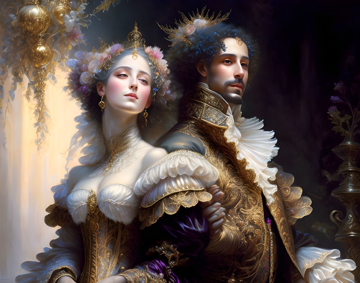 Regal couple in ornate historical attire with floral headdress and embroidered cloak.