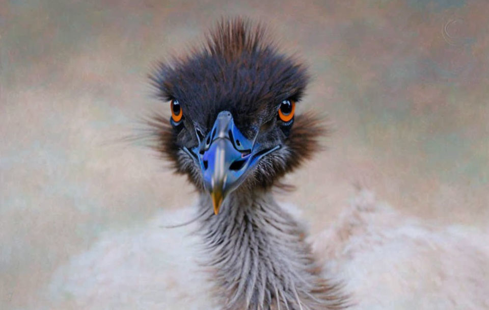 Dark-headed emu with piercing orange eyes in soft-focused shot