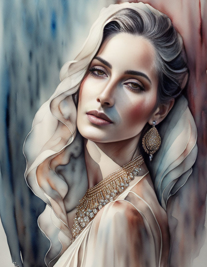 Woman portrait with stylized makeup, elegant accessories, and watercolor background