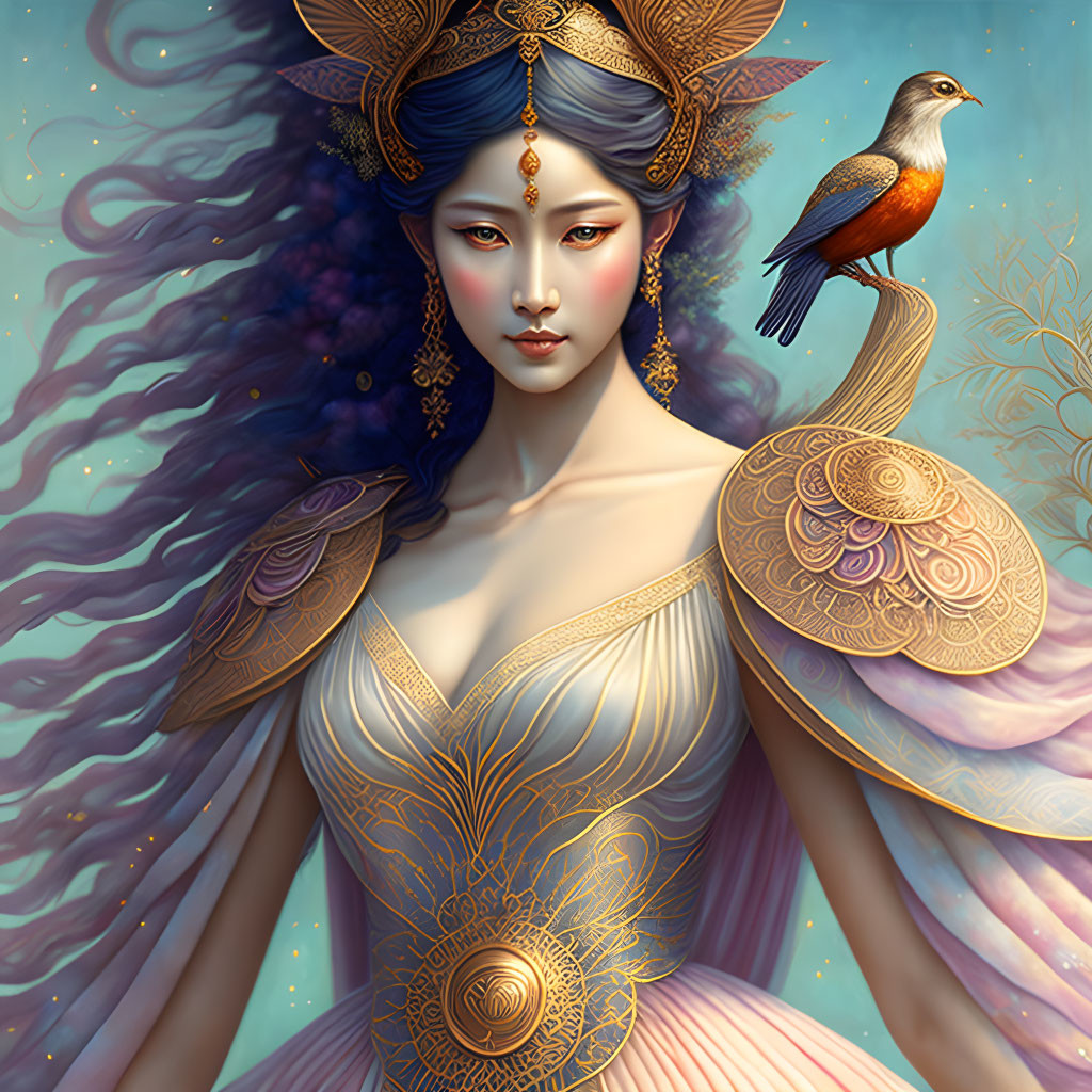 Illustrated woman with gold jewelry and bird against whimsical background