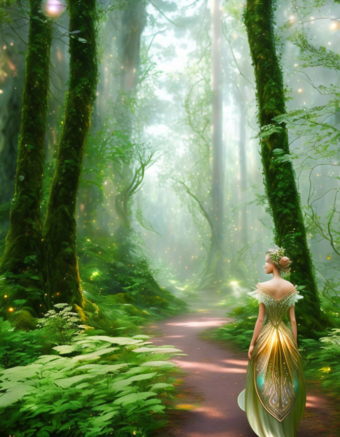 Woman in flowing dress surrounded by moss-covered trees in mystical forest scene