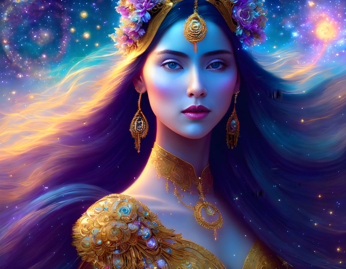 Stylized portrait of woman with golden jewelry and cosmic background