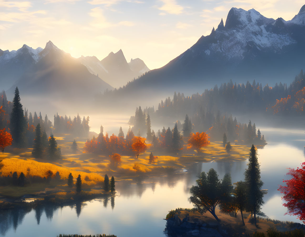 Tranquil Autumn Sunrise Landscape with Golden Foliage and Misty Forest