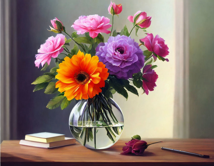 Colorful Flower Bouquet in Glass Vase with Books and Rose