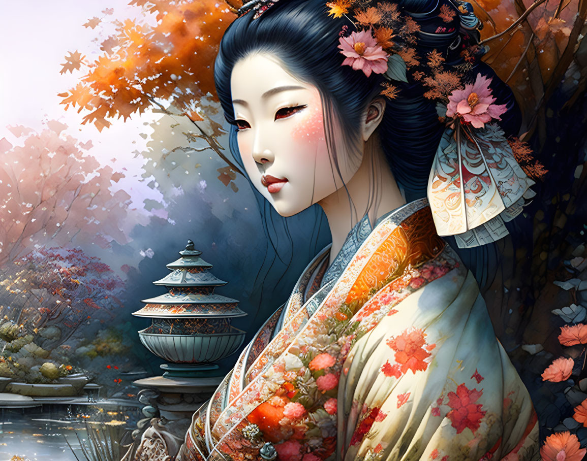 Geisha in a Japanese Garden