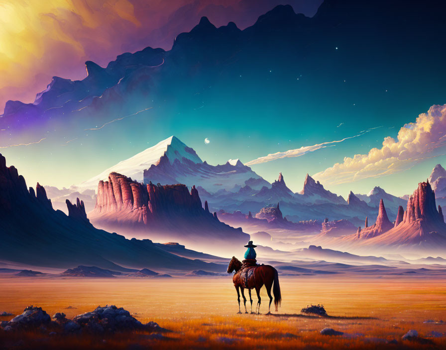 Lone rider on horse in surreal desert with rock formations under twilight sky
