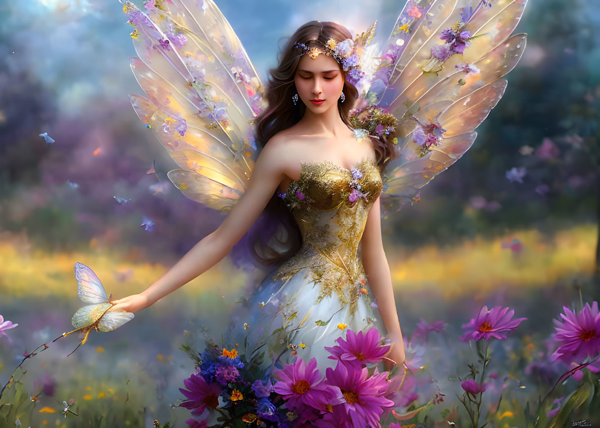 Ethereal fairy with translucent wings in vibrant flower field