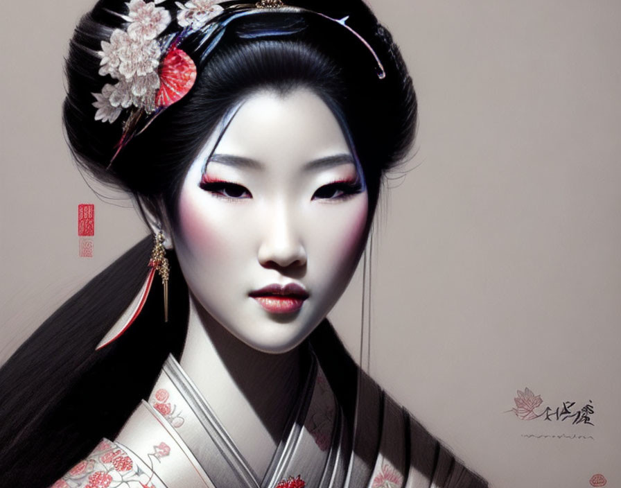 Digital artwork of a geisha with traditional East Asian features in kimono & floral hairpiece