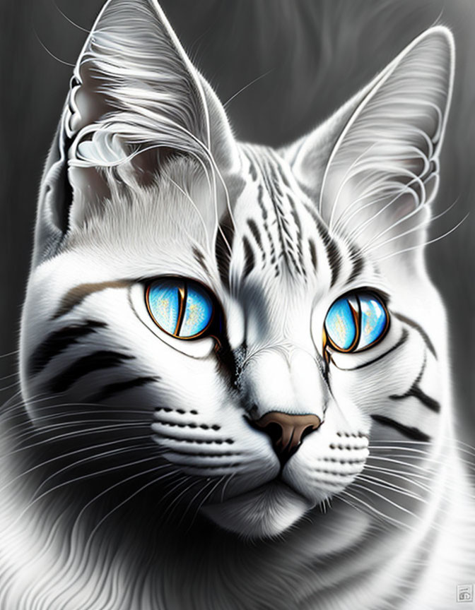 Detailed Digital Artwork of White Cat with Black Stripes and Blue Eyes