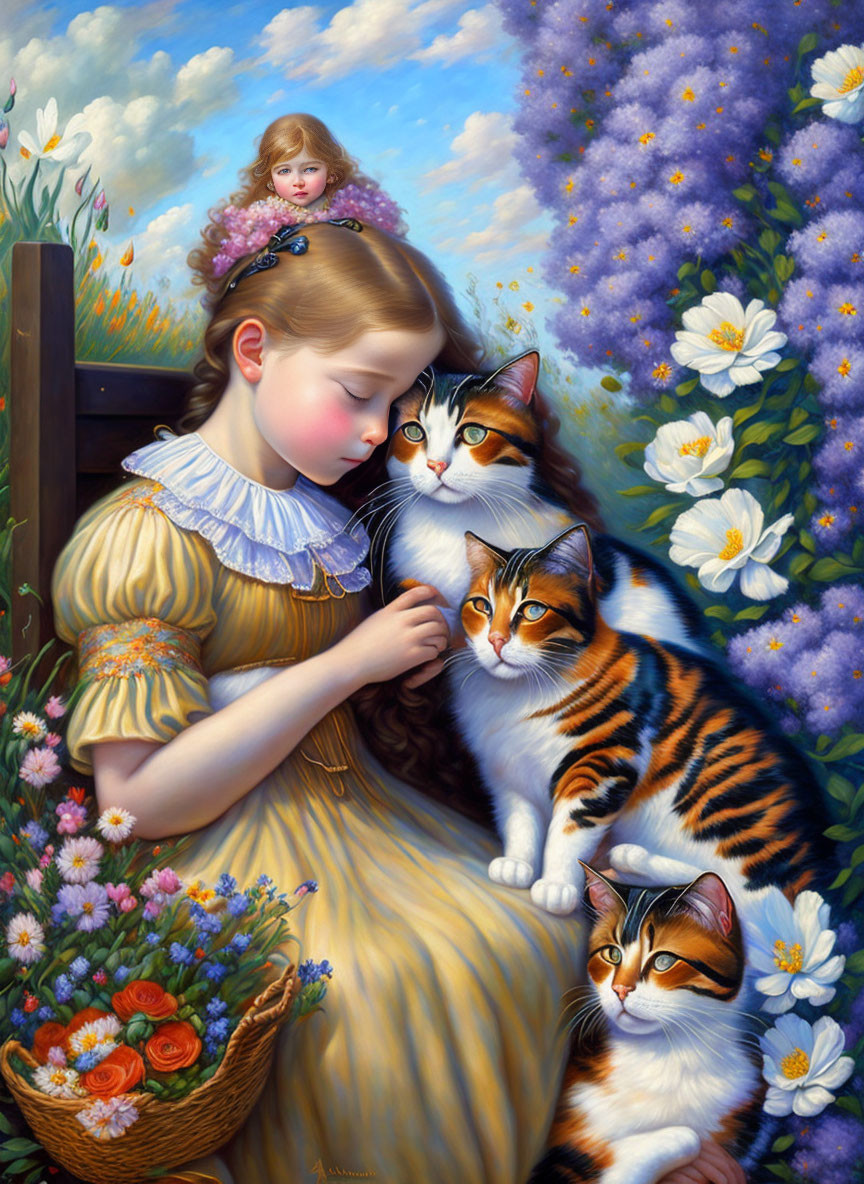 Girl with her cats