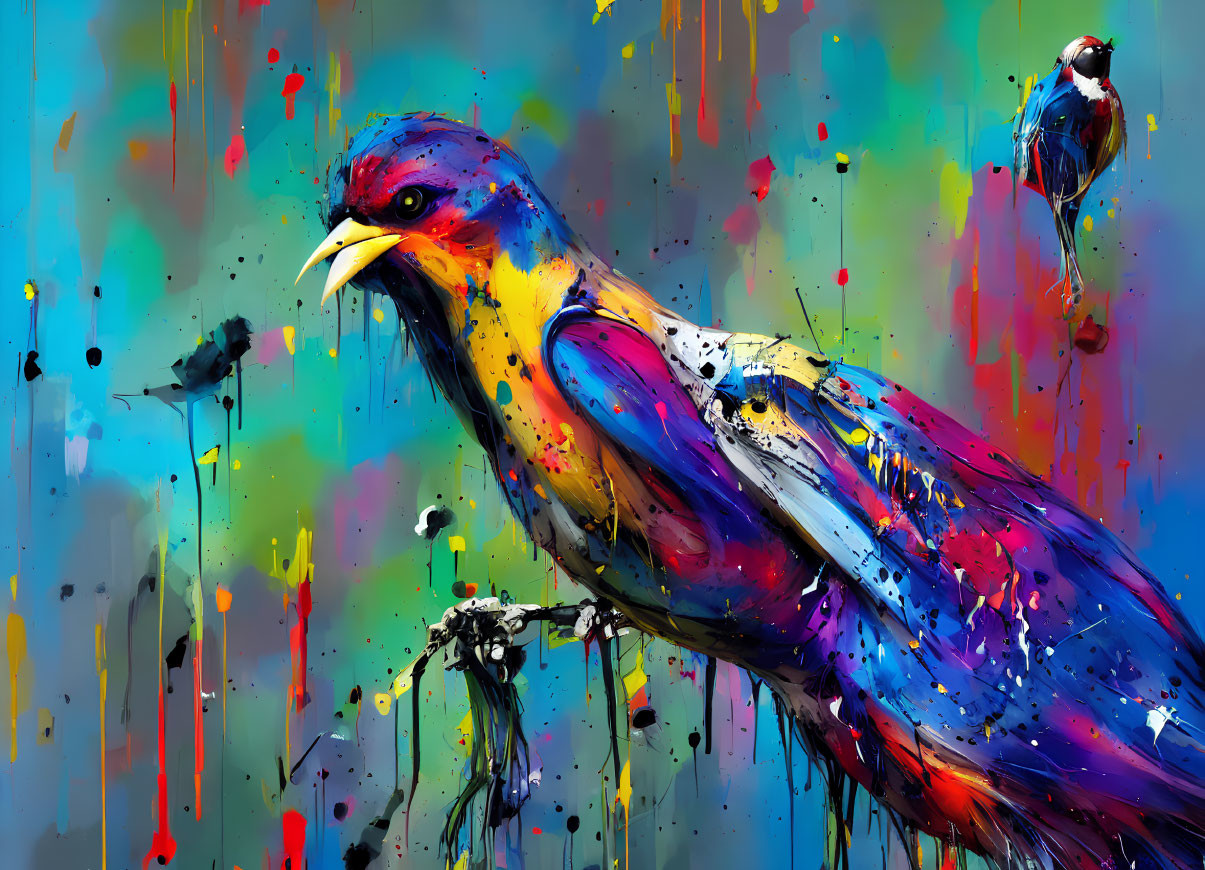 Colorful Bird Artwork with Abstract Paint Drips on Blue Background