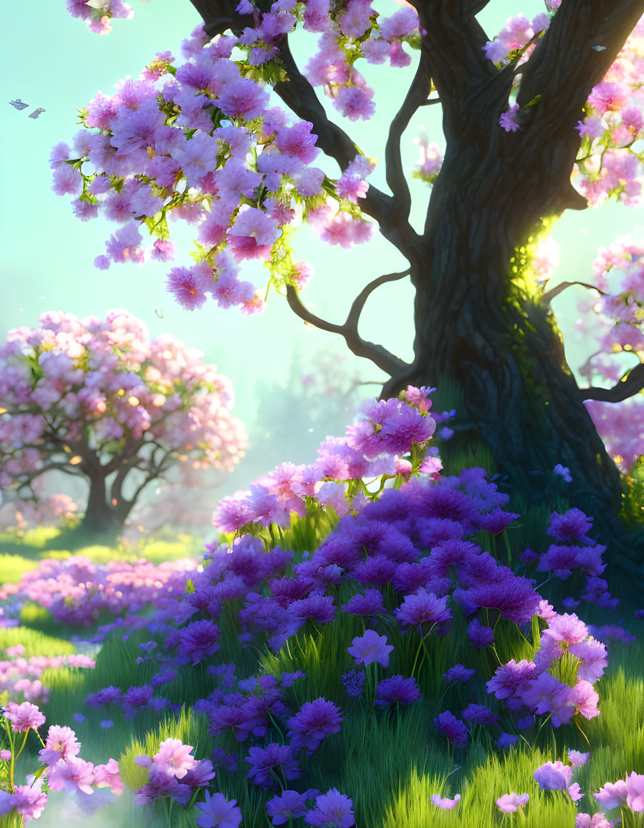 Tranquil landscape with blooming purple flowers and sunlight-filtered trees