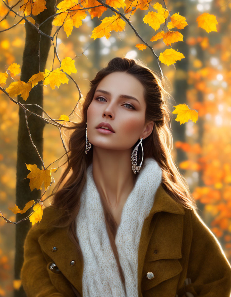 Brunette Woman in White Scarf and Brown Coat Among Autumn Leaves