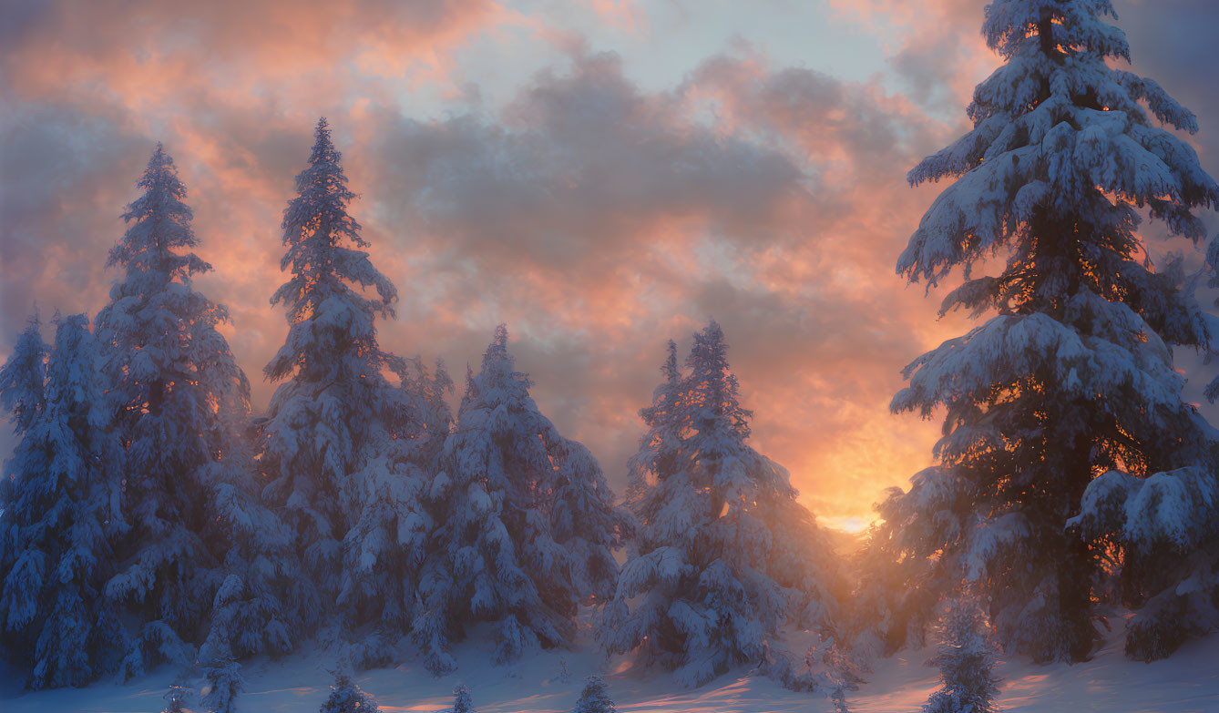 Fiery sunset illuminates snow-covered pine trees