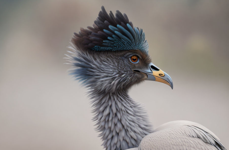 Vibrant bird with blue crest, orange eye, and sharp beak