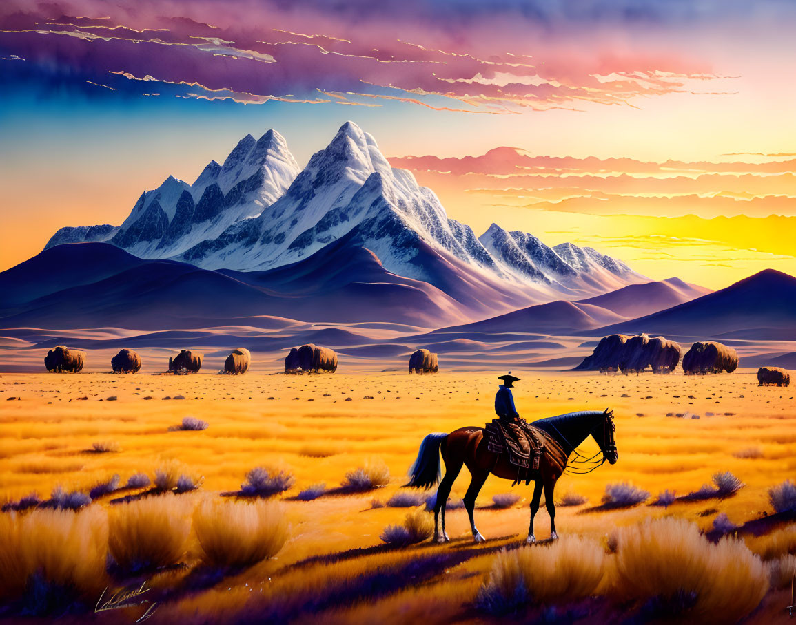 Lone rider on horseback in golden field at sunset