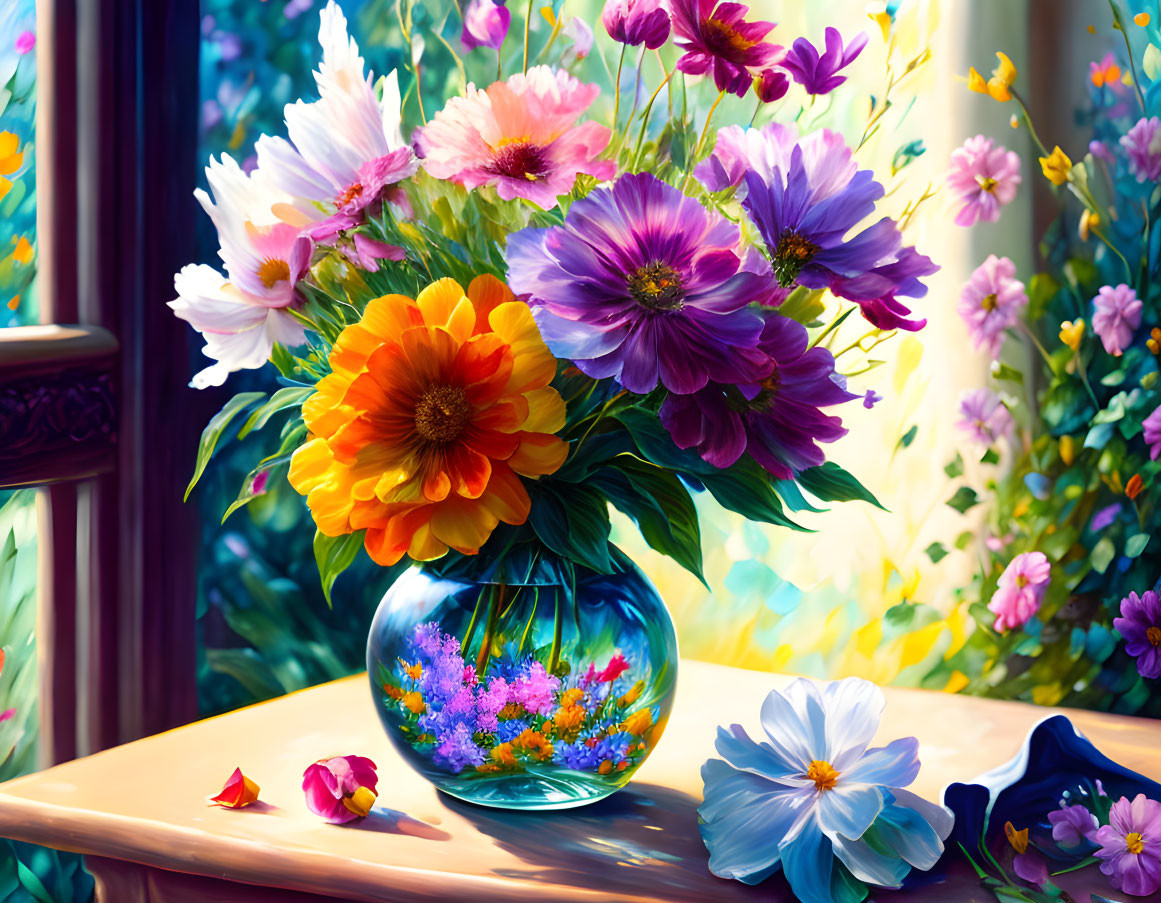 Colorful Flower Bouquet in Glass Vase on Wooden Surface with Garden View