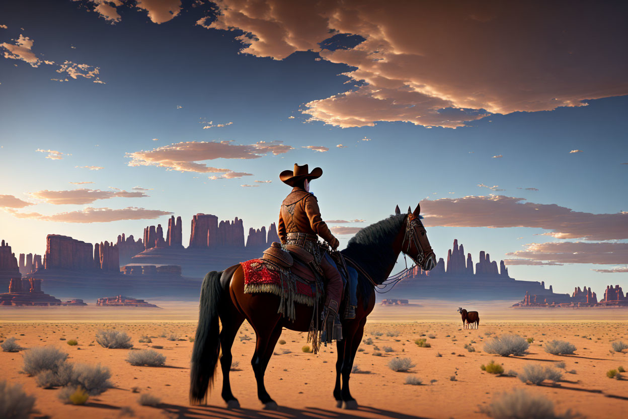Cowboy on Horseback Gazing at Desert Horizon with Rock Formations