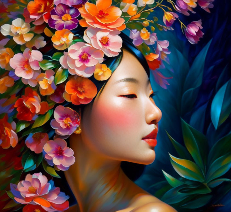 Colorful painting of woman in flower garden.
