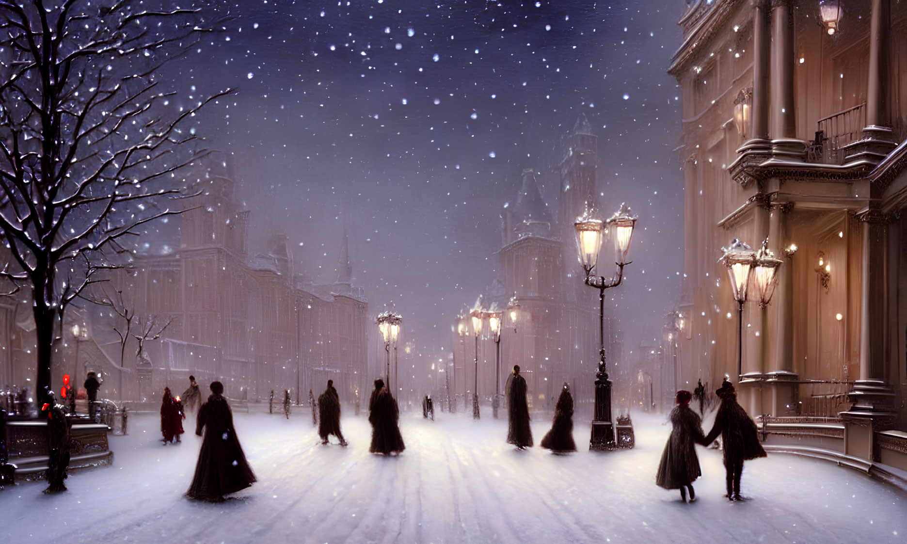 Victorian-era people in dark cloaks on snow-covered street with gas lamps