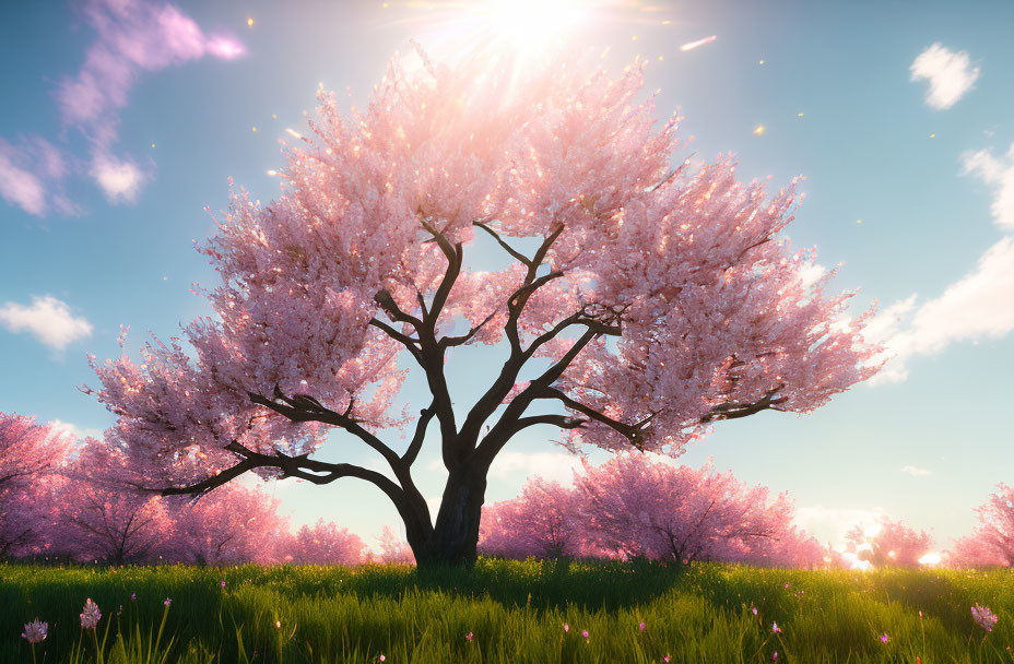 Vibrant cherry blossom trees in green meadow under blue sky