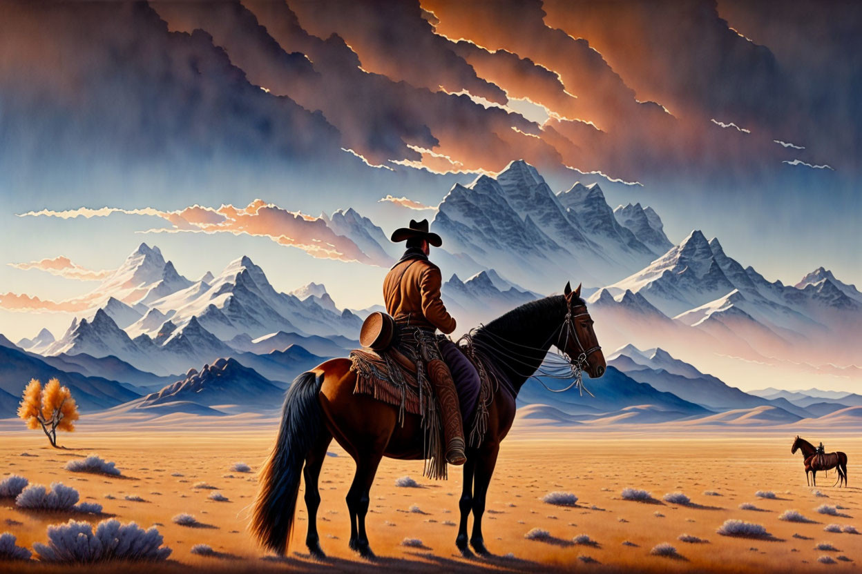 Cowboy on horseback gazes at vast plain with mountains and grazing horse under dramatic sky.