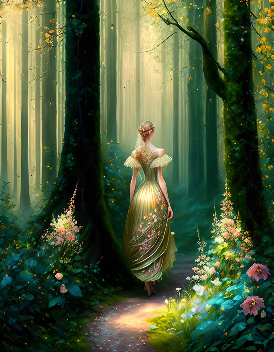 Woman in Elegant Green Dress Walking in Enchanting Forest