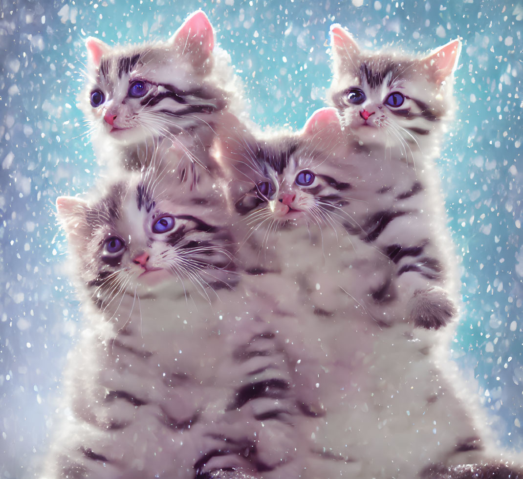 Fluffy kittens in totem pole arrangement on snowy backdrop